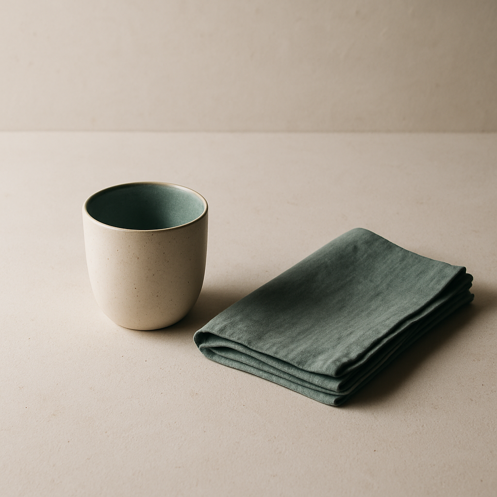 A calm still life of a single well-made object on a textured neutral surface.