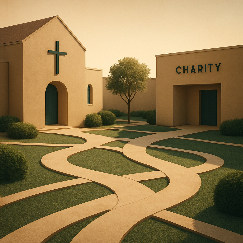 Interconnected paths in a quiet community courtyard with warm light.