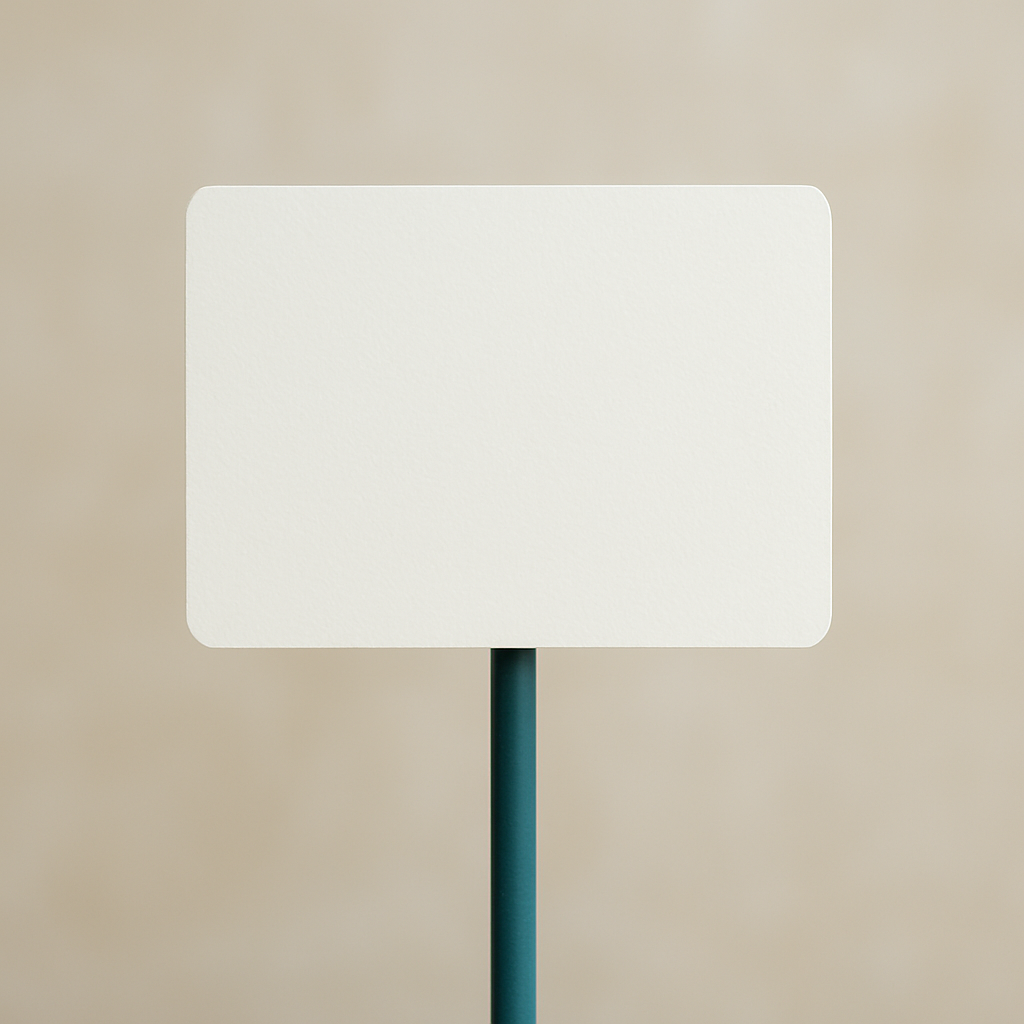 A clean minimalist signpost against a soft neutral background with generous negative space.