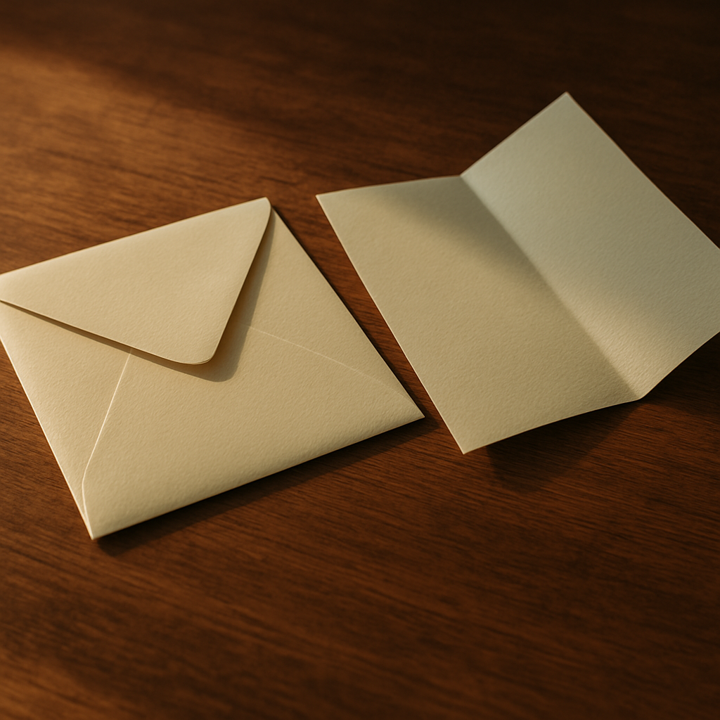 A cream envelope and folded letter resting on a wooden table in warm natural light.