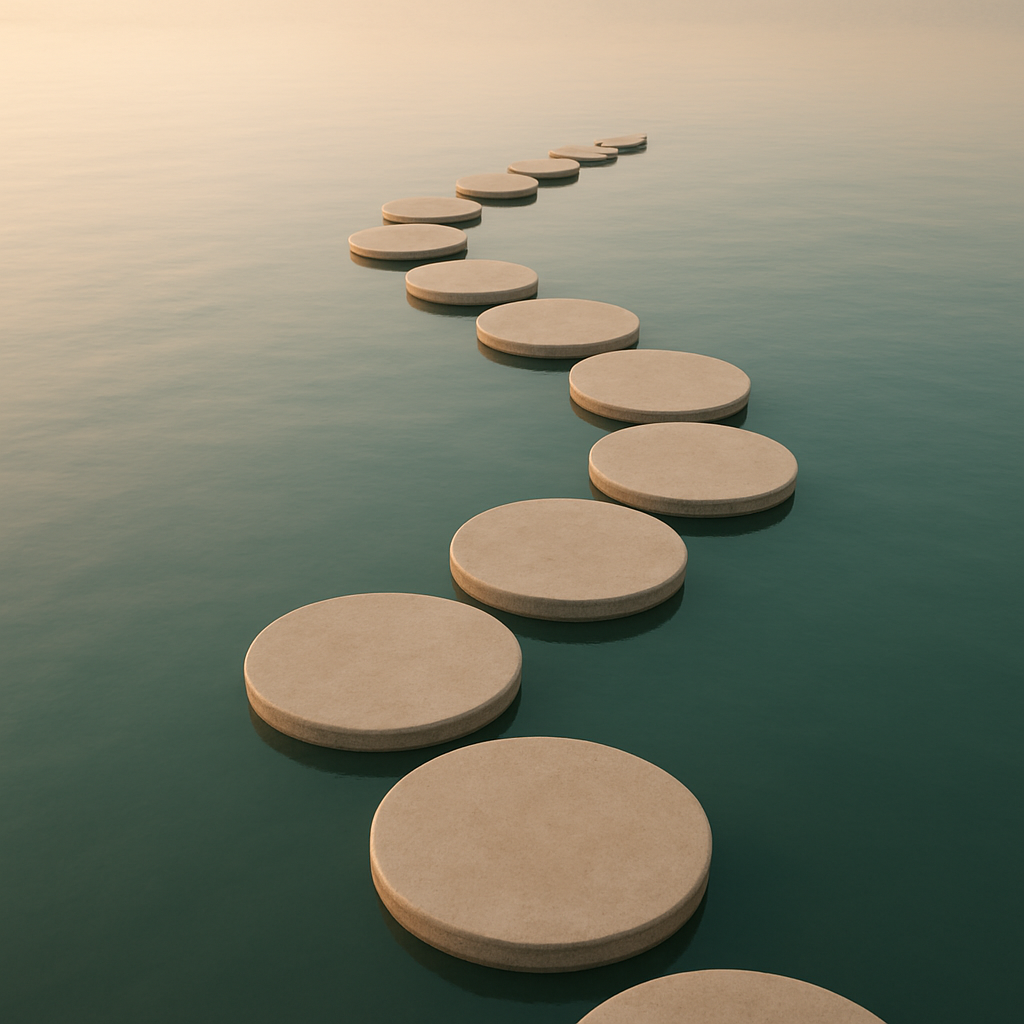 Stepping stones crossing calm water in soft morning light, representing a considered journey.