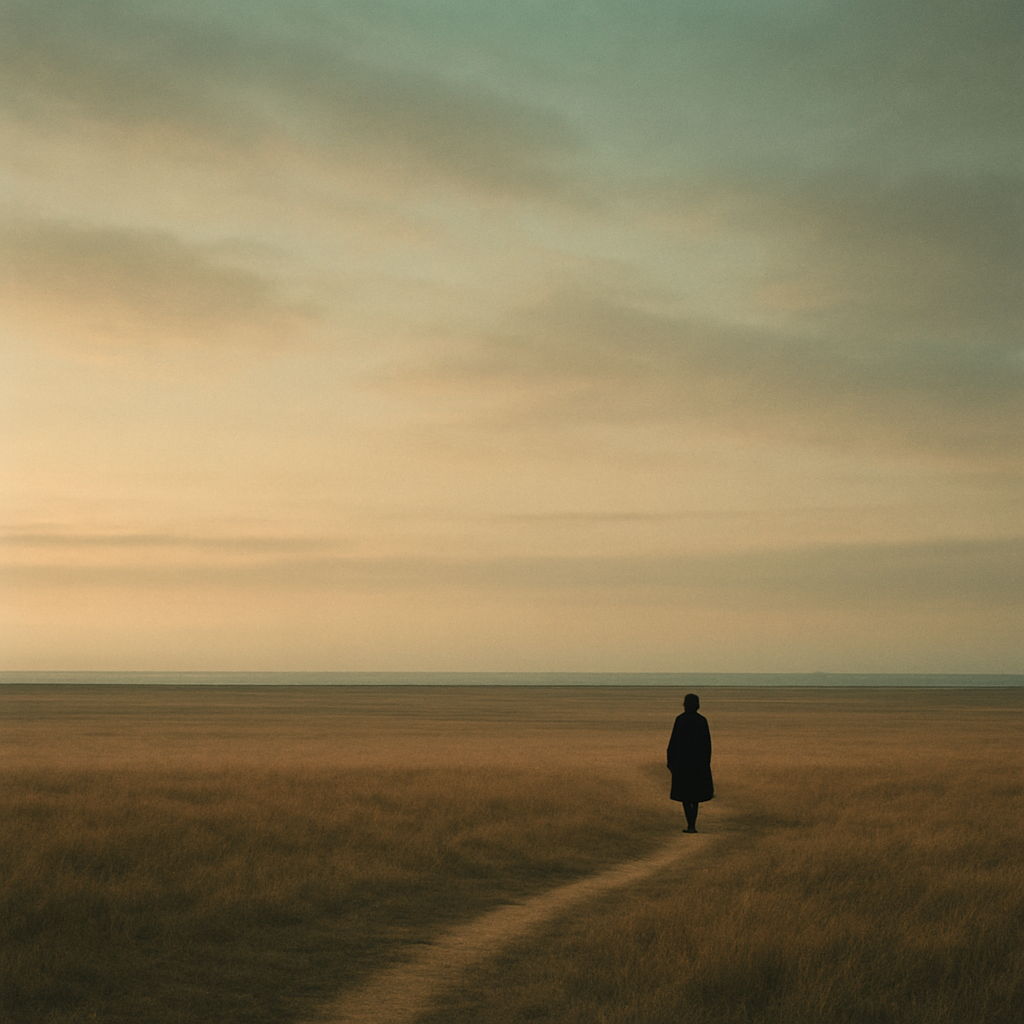 A wide calm horizon under soft changing light with a single small path.