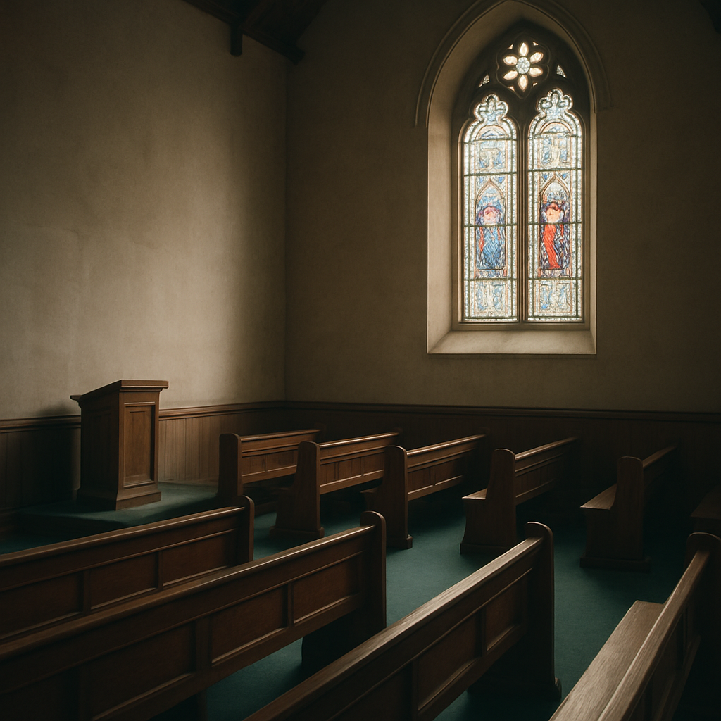 A serene church interior with soft light through a stained glass window.