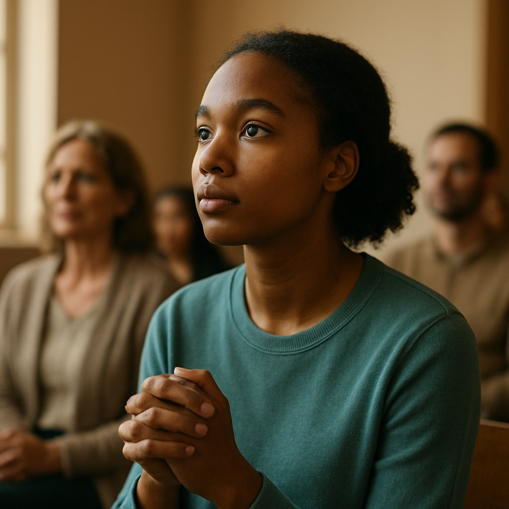 A young adult engaged thoughtfully in a faith community setting in warm light.
