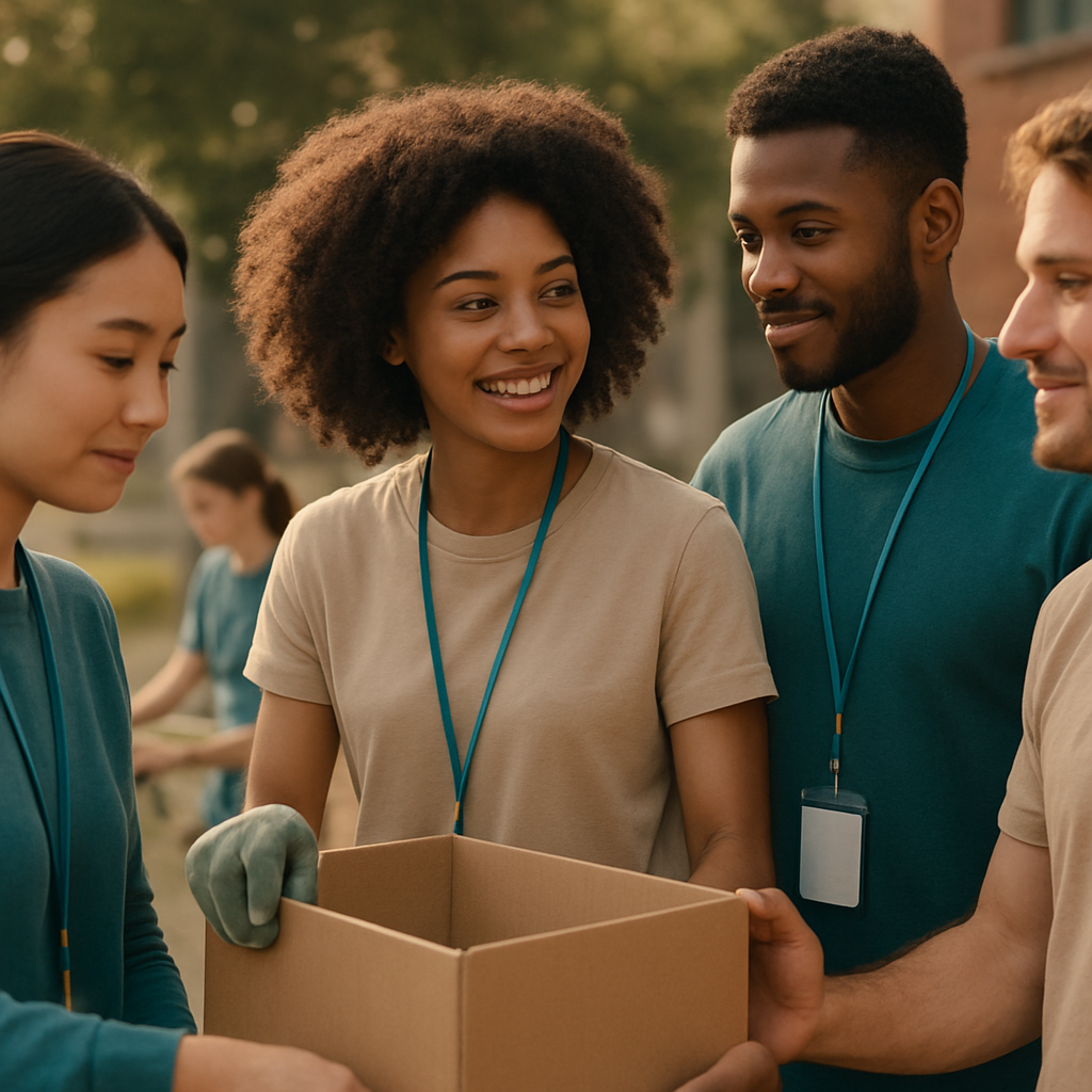 A diverse group of young adults volunteering together in warm natural light.